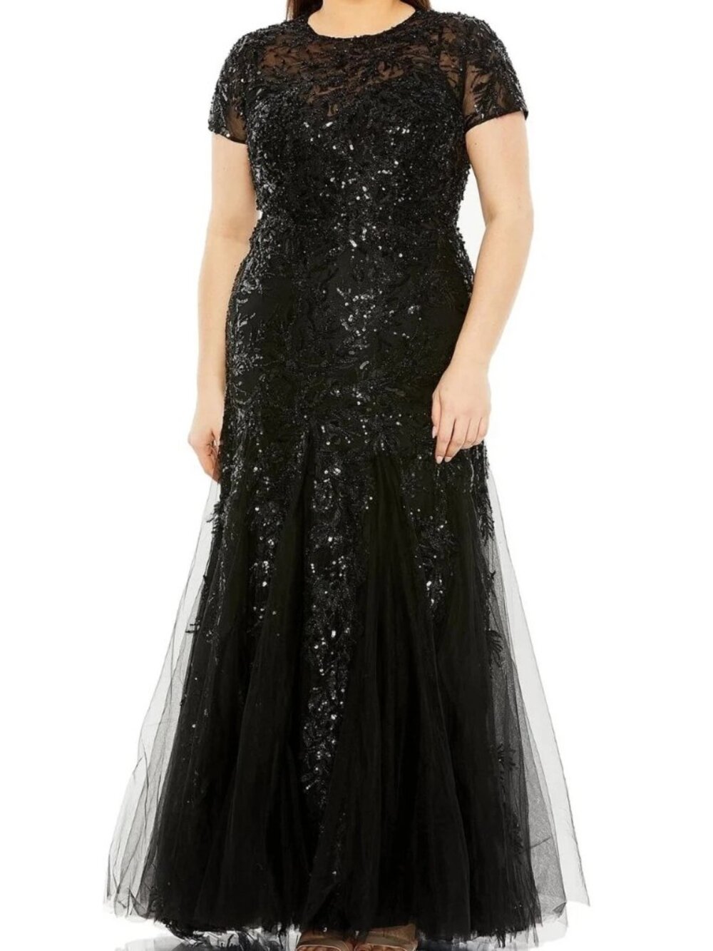 Mac Duggal Black Embellished Illusion Short Sleeve Gown